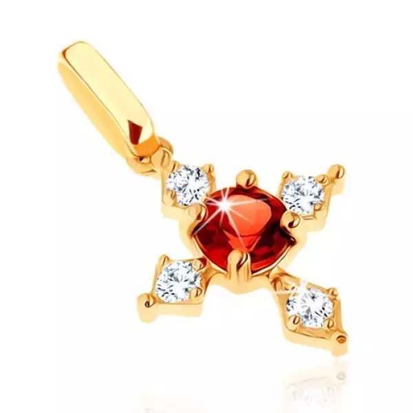 Medál 9K sárga aranyból - kereszt átlátszó cirkóniás szárral, piros gránát