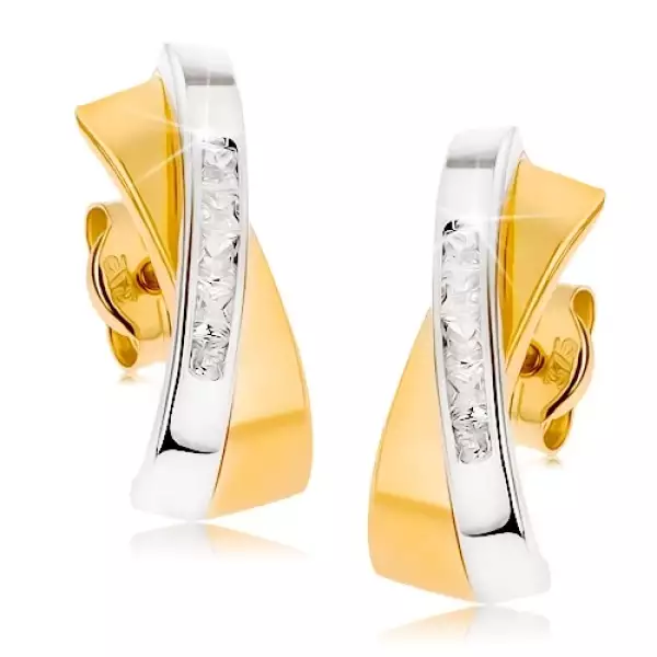 9K arany fülbevaló kombinált arannyal, áthúzott vonalakkal cirkóniákkal