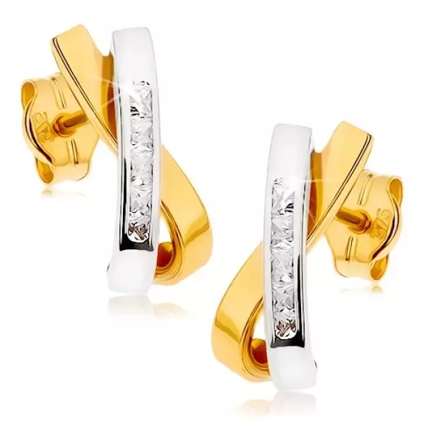  9K arany fülbevaló keresztezett vonalakkal és átlátszó cirkóniákkal
