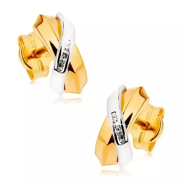 9K arany fülbevaló keresztezett ívekkel és átlátszó cirkóniákkal