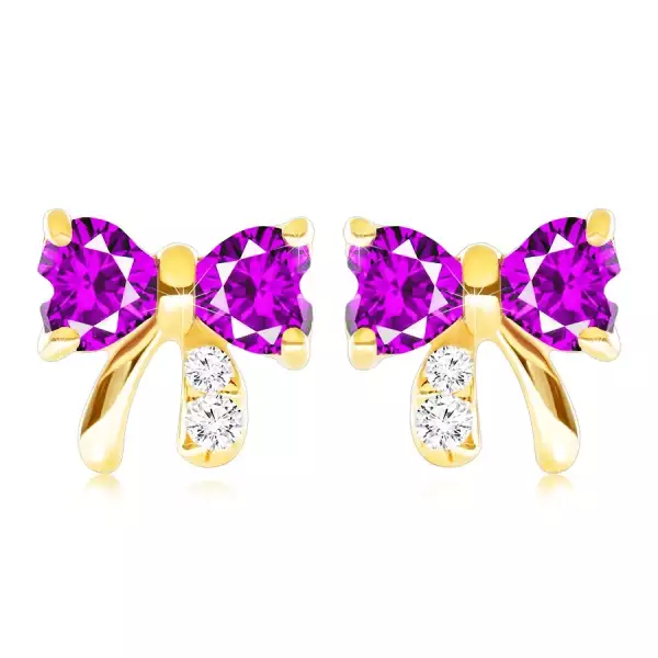 9K arany fülbevaló masni formájú, lila ametiszttel és átlátszó cirkóniákkal