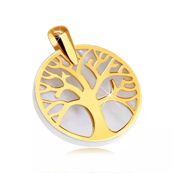Medál 9K sárga aranyból - életfa kör kontúrban, gyöngyházfényű alap