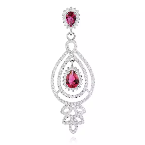 925 ezüst medál, könnycsepp kontúr, átlátszó és piros cirkóniák, levelek