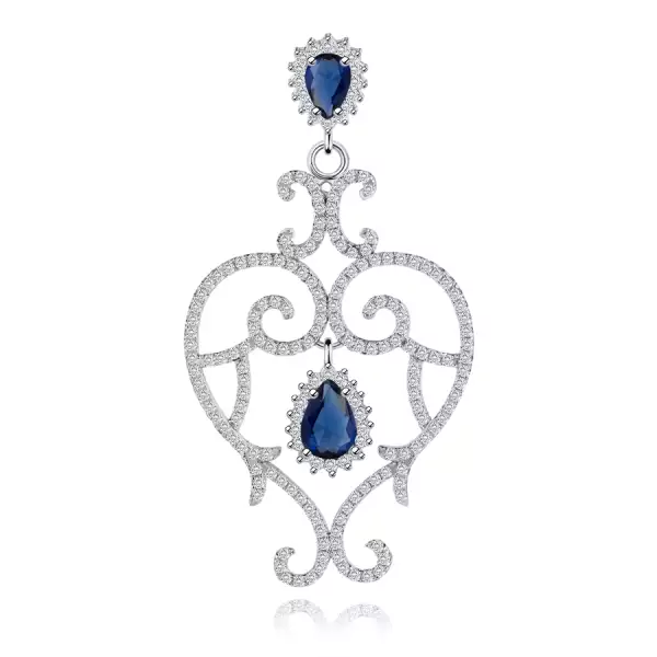 925 ezüst medál, szív kontúr, spirálos vonalak, átlátszó és kék cirkóniák