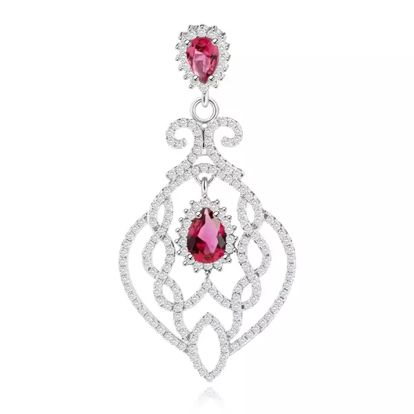 925 ezüst medál, levél filigrán díszítéssel, átlátszó és piros cirkóniák