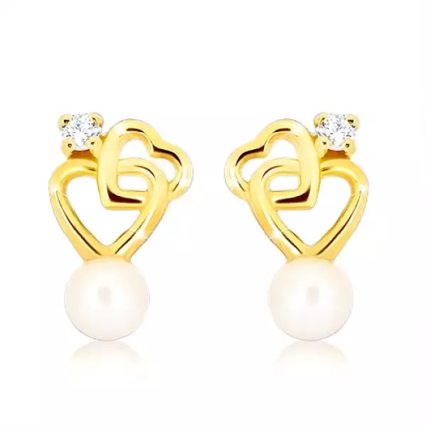  9K arany fülbevaló dupla szívvel, cirkóniával és tenyésztett gyönggyel