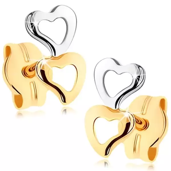  9 karátos arany fülbevaló szívekkel, kétszínű kivitelben