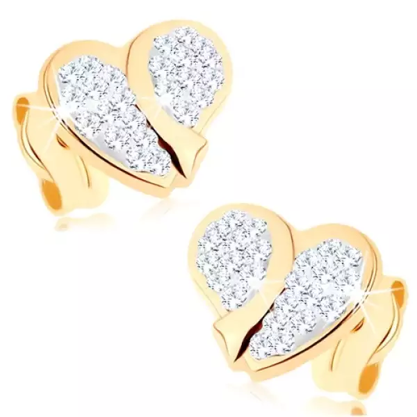 Fülbevaló 9k sárga aranyból - egyenetlen szívecske Swarovski kristályokkal kirakva