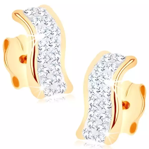 Fülbevaló 9K sárga aranyból - hullámos sáv Swarovski kristályokkal díszítve