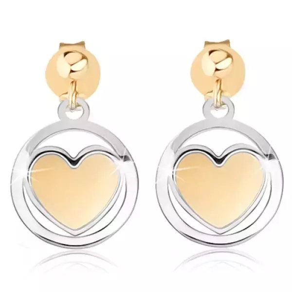 9K arany fülbevaló matt szívvel és fényes fehér szegéllyel