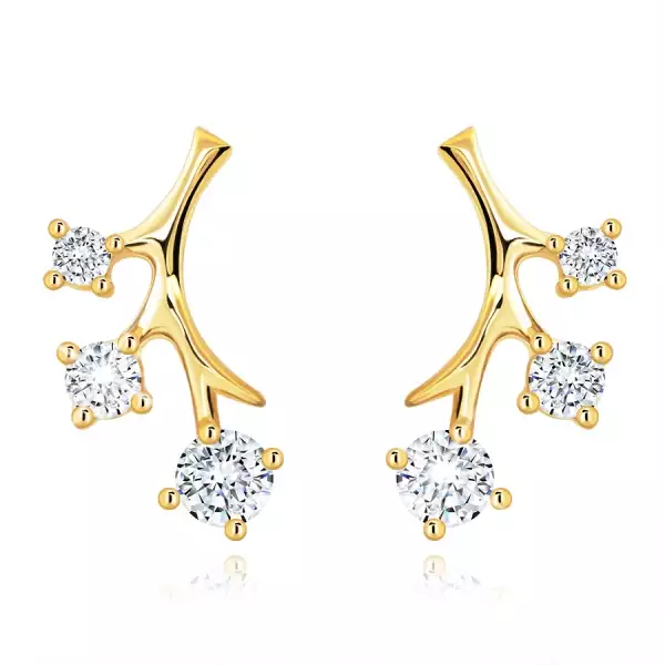 9K arany fülbevaló ág három átlátszó cirkóniával