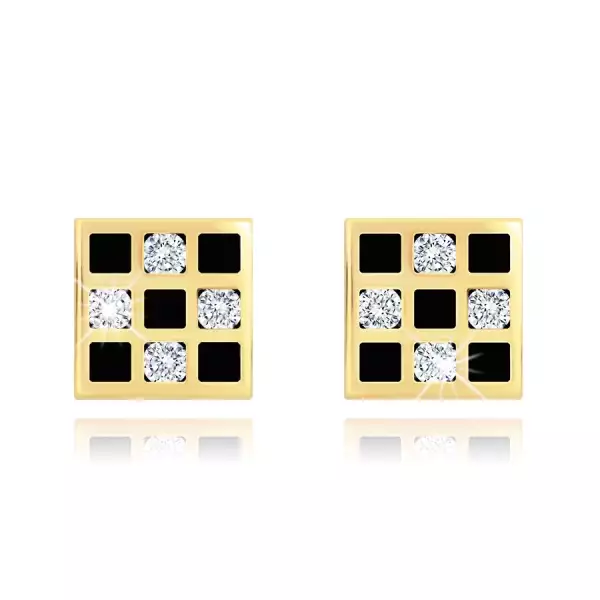 9K arany fülbevaló sakktábla mintával, cirkóniákkal és fekete mázzal