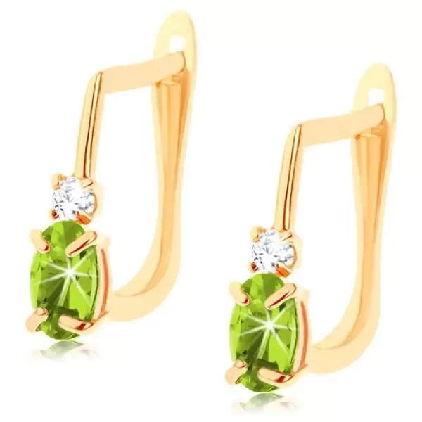 Fülbevaló 14K aranyból - ovális formájú zöld színű szintetikus olivin, átlátszó cirkónia