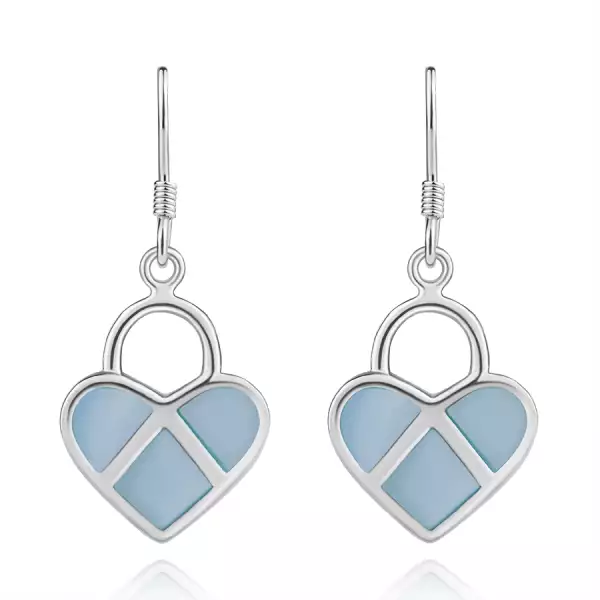 925 ezüst fülbevaló, szimmetrikus szívek, kék gyöngyházfény, ezüst vonalak