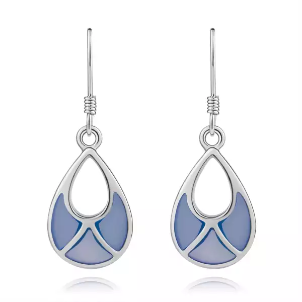 Fülbevaló, 925 ezüst, könnycsepp kivágással, kék gyöngyházfény, afrikai horog