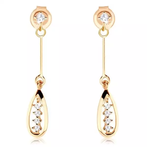 14 karátos arany fülbevaló cirkóniákkal és nyitott könnycseppel, vékony pálcán