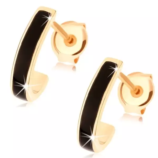 14 karátos arany fülbevaló aszimmetrikus ívvel és fekete fényes mázzal
