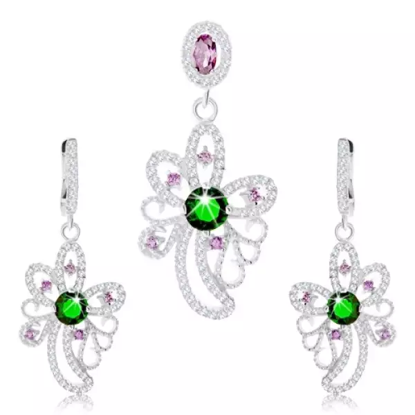 925 ezüst szett, medál, fülbevaló, aszimmetrikus virág cirkóniákkal díszítve