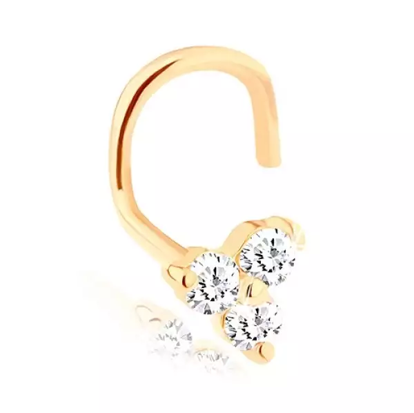 Hajlított orrpiercing 14K sárga színű aranyból - három, fényes, átlátszó cirkóniával