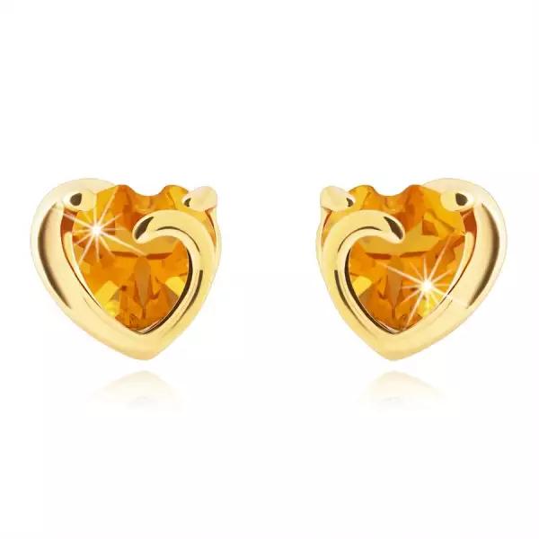 14 karátos arany fülbevaló citrin szívvel és sima szegéllyel