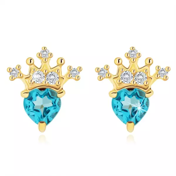 14 karátos sárgaarany fülbevaló szív alakú topázzal és koronával