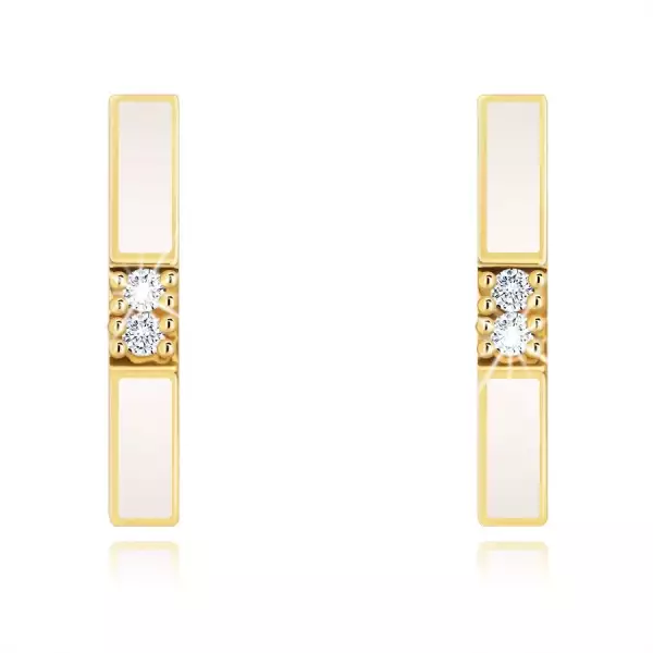 9 karátos arany fülbevaló íves formájú, fehér mázzal és átlátszó cirkóniákkal