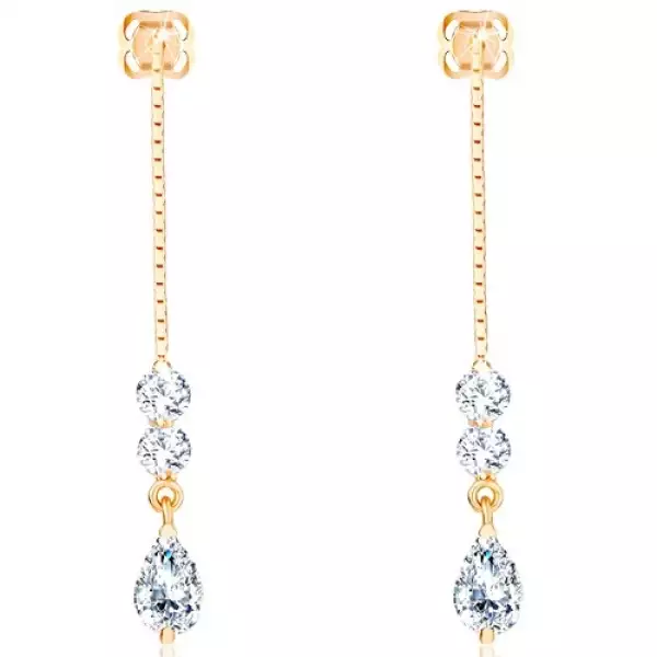 14 karátos arany fülbevaló lánccal és kerek, valamint könnycsepp alakú cirkóniával