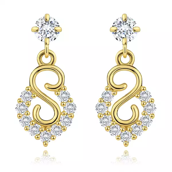 14 karátos arany fülbevaló átlátszó cirkóniákkal és spirál motívummal, íves formában