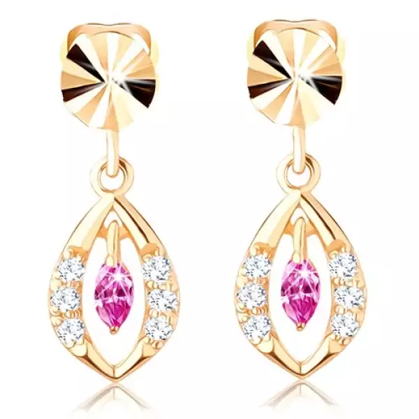 14 karátos arany fülbevaló búzaszem alakban, rózsaszín és átlátszó cirkóniákkal