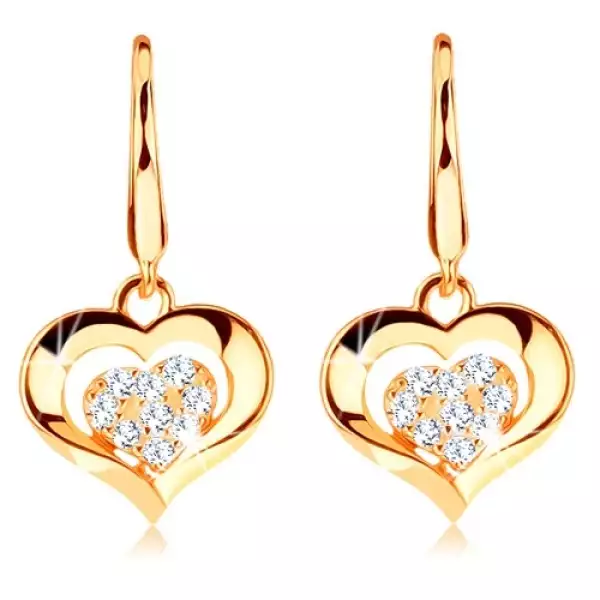 585 arany fülbevaló - átlátszó csillogó szív fényes körvonallal, horgok