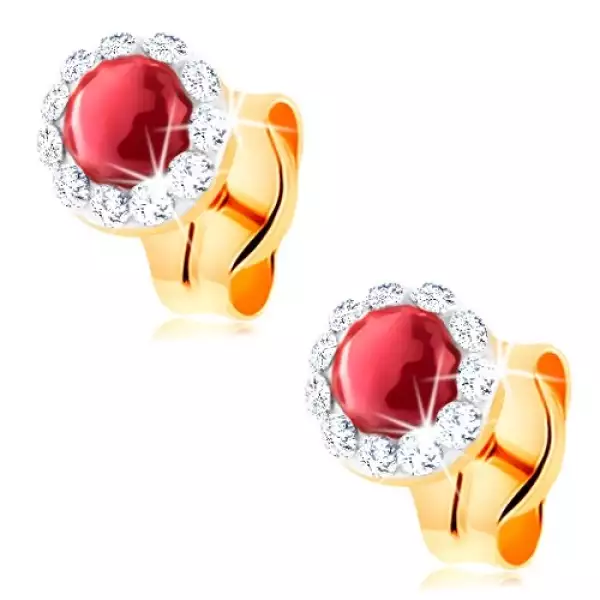 585 arany fülbevaló - kerek piros rubin, átlátszó Swarovski kristály szegély