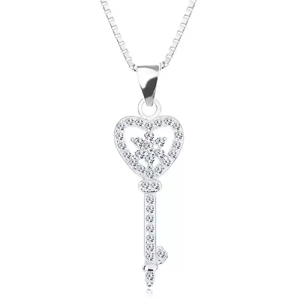 925 ezüst nyakék - lánc medállal, cirkóniás kulcs - szív, virág