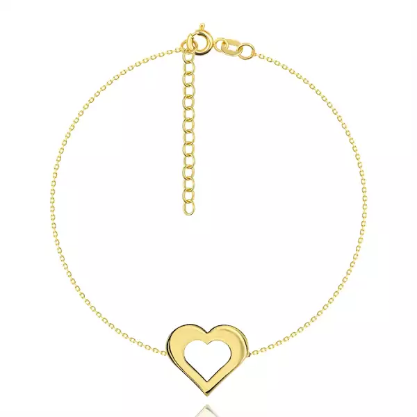 Karkötő 14K sárga aranyból - finom lánc, lapos szív körvonal, fényes és sima felület