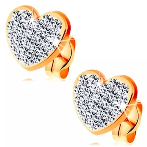 14K sárga arany fülbevaló - csillogó szív, átlátszó Swarovski kristályok