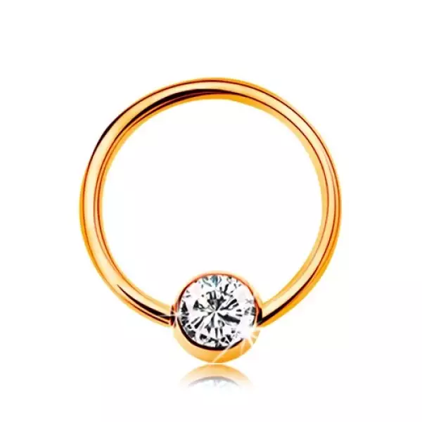 Piercing sárga 9K aranyból - kis karika golyóval, átlátszó cirkónia, 8 mm