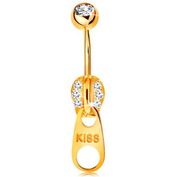 Köldök piercing sárga 9K aranyból - cirkóniákkal és KISS felirattal díszített cipzár