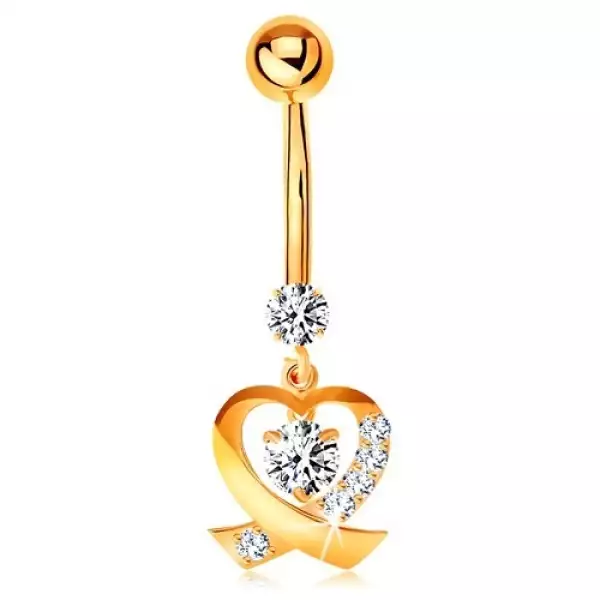 14K arany köldök piercing - csillogó szív körvonal, kerek átlátszó cirkóniák