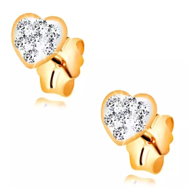Beszúrós fülbevaló sárga 14K aranyból - szív Swarovski kristályokkal kirakva