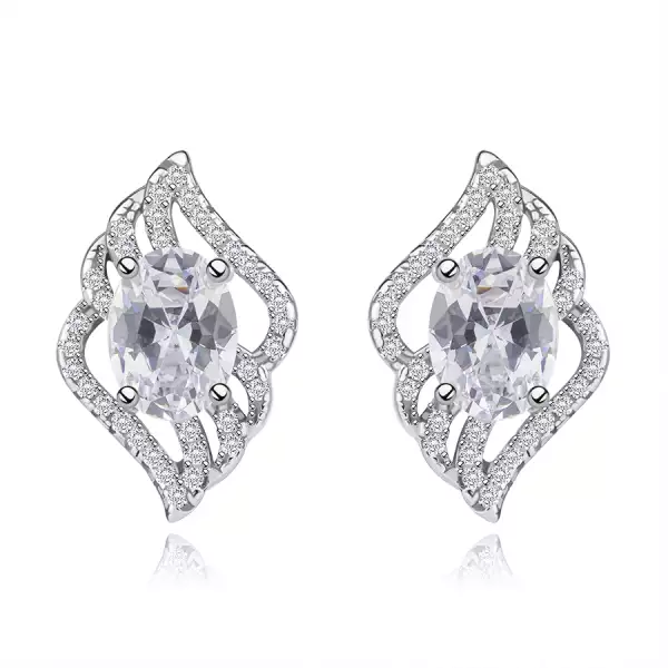 925 ezüst fülbevaló, átlátszó levél körvonala, csiszolt ovális cirkónia átlátszó színben