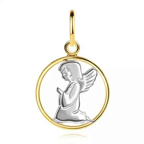 Kétszínű 585 arany medál - gravírozott angyal, kör kontúr