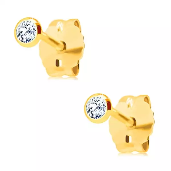 Arany 585 stekkeres fülbevaló - kerek átlátszó cirkónia foglalatban, 2 mm