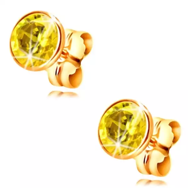 14K arany fülbevaló - kerek sárga cirkónia foglalatban, 5 mm