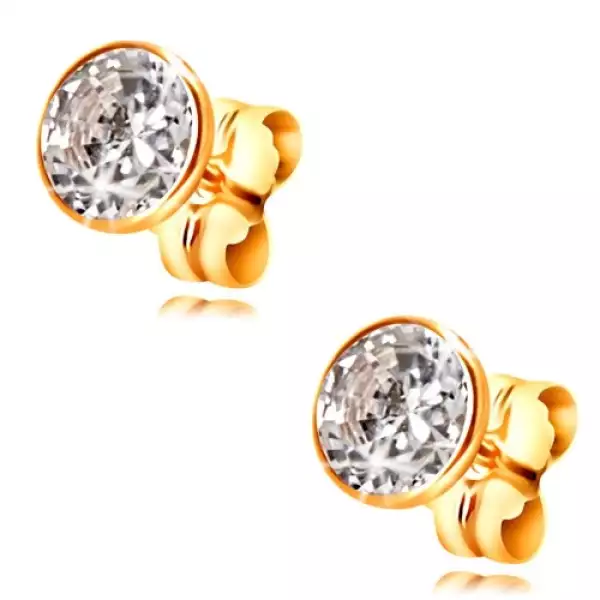 14K arany fülbevaló - kerek átlátszó cirkónia foglalatban, 5 mm