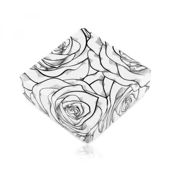 Ajándékdoboz fülbevalóra vagy két gyűrűre, fekete rózsavirág minta fehér alapon