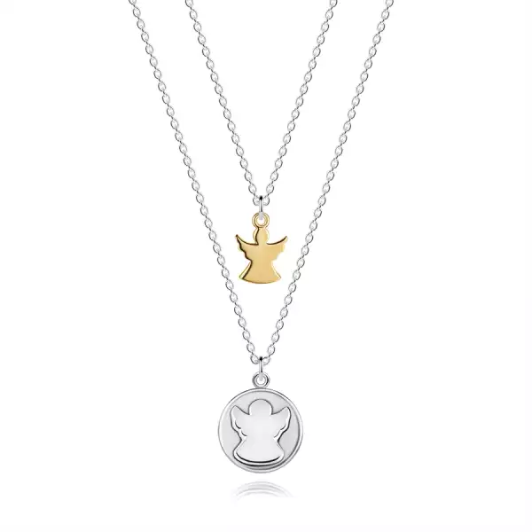 Két 925 ezüst nyaklánc - kör angyal formájú kivágással és réz színű angyal