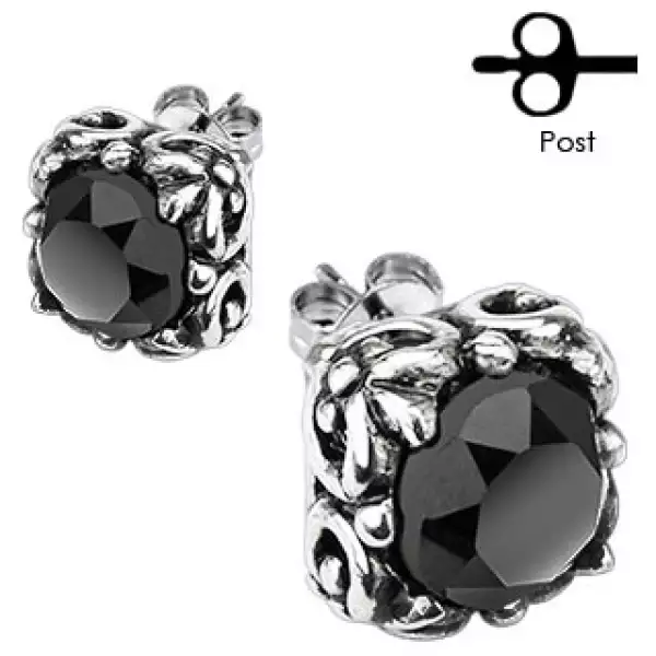 316L acél fülbevaló - fekete csiszolt cirkónia patinás foglalatban