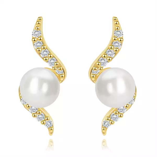 585 sárga arany fülbevaló - spirális gyémántokból és középen gyöngy