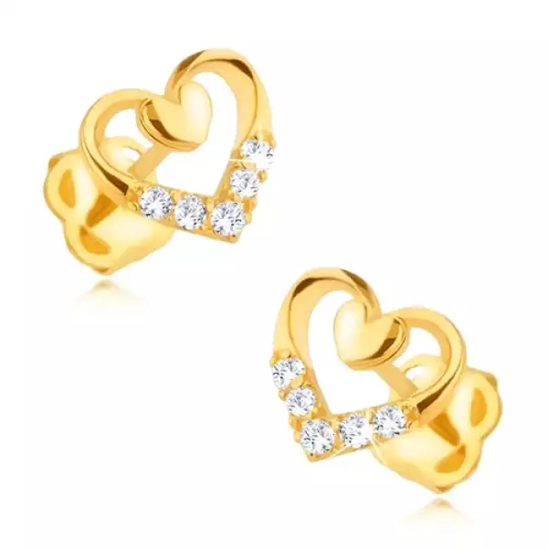 Gyémánt fülbevaló 14K aranyból - szív körvonal kisebb teli szívvel és gyémántokkal