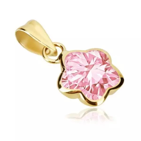 9K arany medál - virág öt lekerekített szirommal, rózsaszín cirkónia