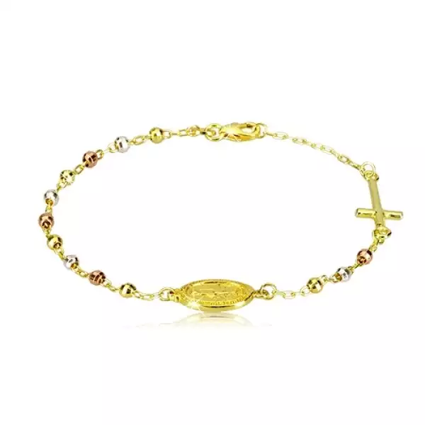 925 ezüst karkötő arany színben - három színű golyók, medalion és kereszt